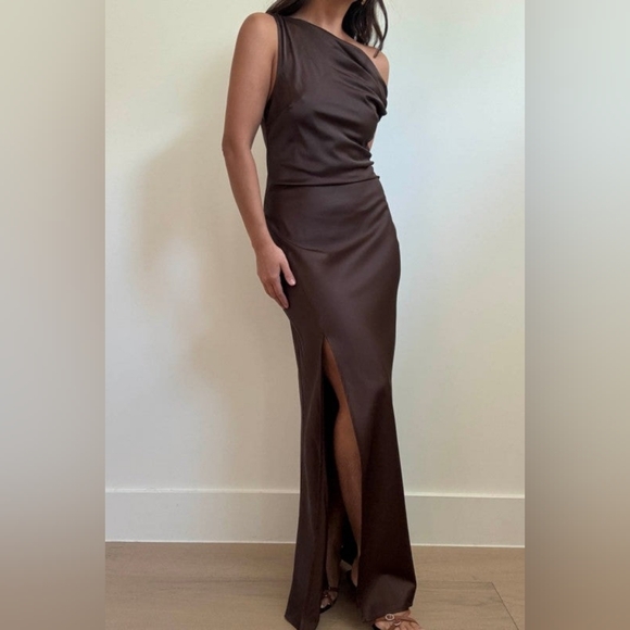 One Shoulder Front Slit Maxi Dress Espresso Brown - Picture 10 of 13